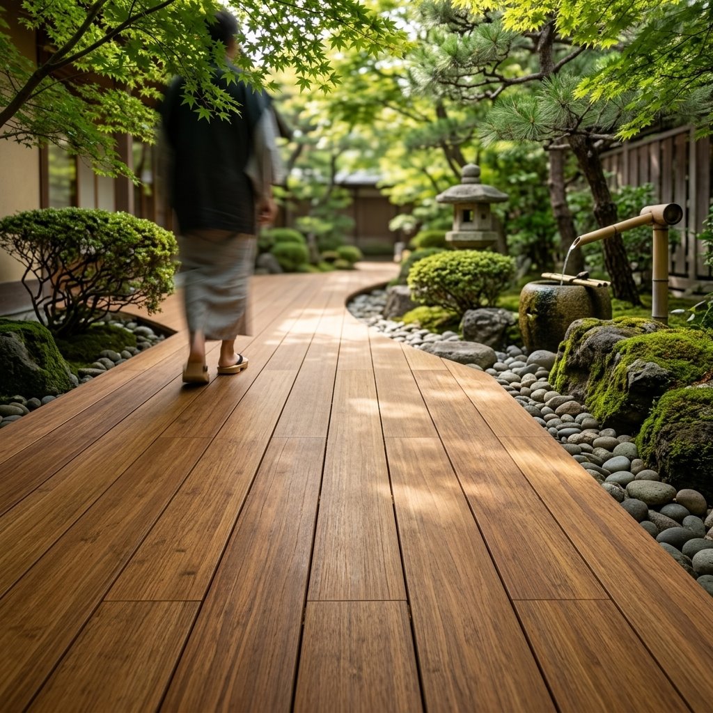 Bambusterrasse als geschwungener Weg durch einen japanischen Garten mit Moos, Steinen, Laterne und Wasserbecken.