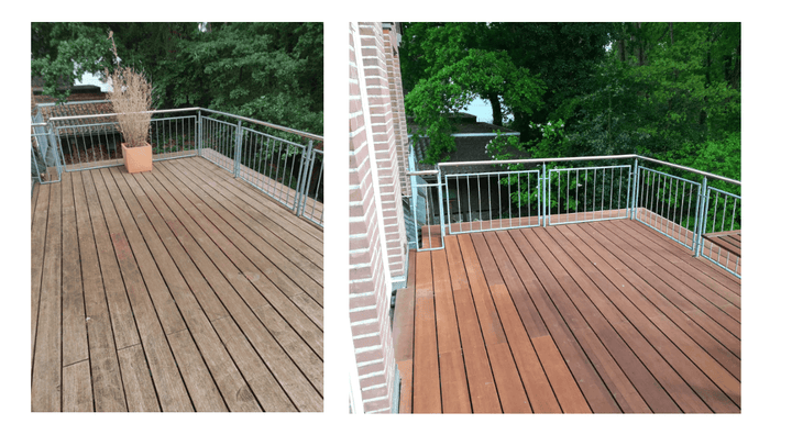 Vorher-Nachher Bild einer Bambusterrasse: Verwitterte Terrassendielen werden durch Reinigung und Pflege sichtbar aufgefrischt und erhalten ihre natürliche Holzfarbe zurück.