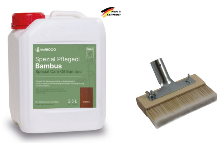 Spezial-Pflegeöl für Bambus-Terrassendielen inklusive Flächenstreicher zur professionellen Pflege, Farbauffrischung und zum Schutz von Bambusterrassen.
