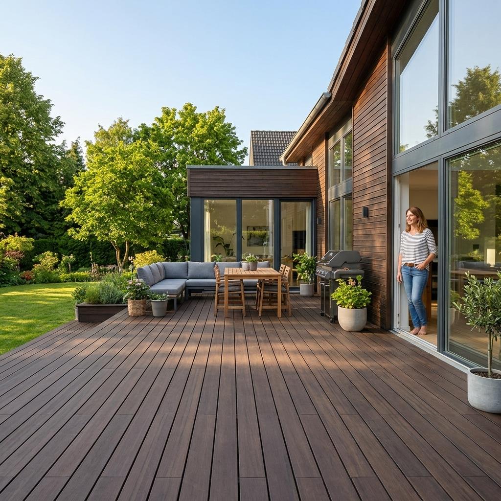 Großzügige Havanna Terrasse mit dunkelbraunen Terrassendielen, Lounge- und Essbereich vor einem modernen Wohnhaus mit Garten.