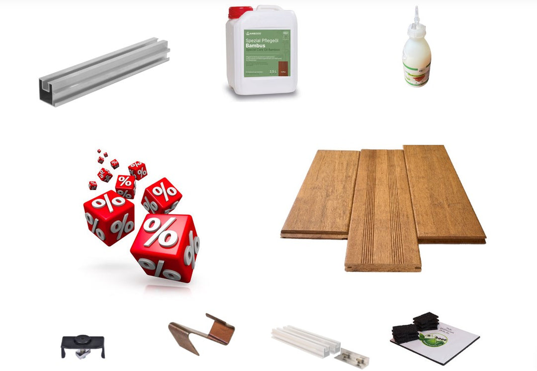 Das Terrassen Komplettpaket aus Bambus - in der Farbe Sand Natur hell, mit Montagematerial.